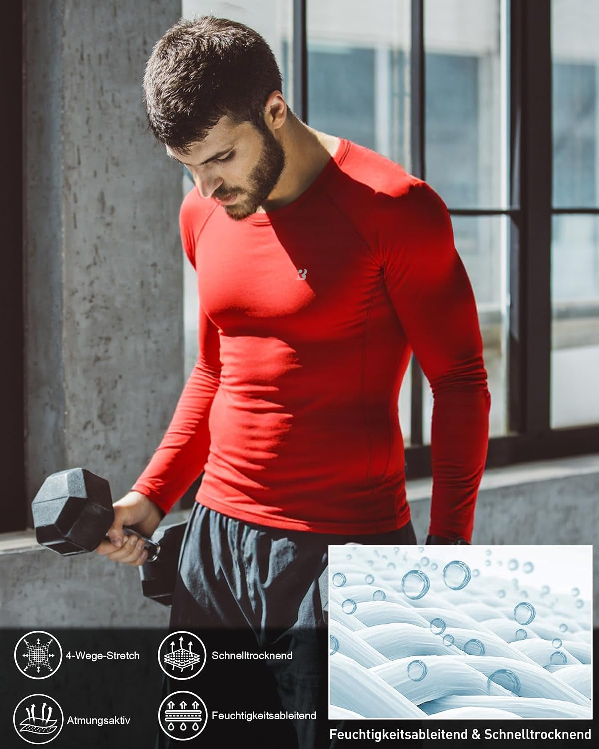Roadbox Kompressionsshirt Herren Langarm, Atmungsaktiv, Schnell Trocknend, Funktionsshirt Für Fitness, Fußball & Outdoord