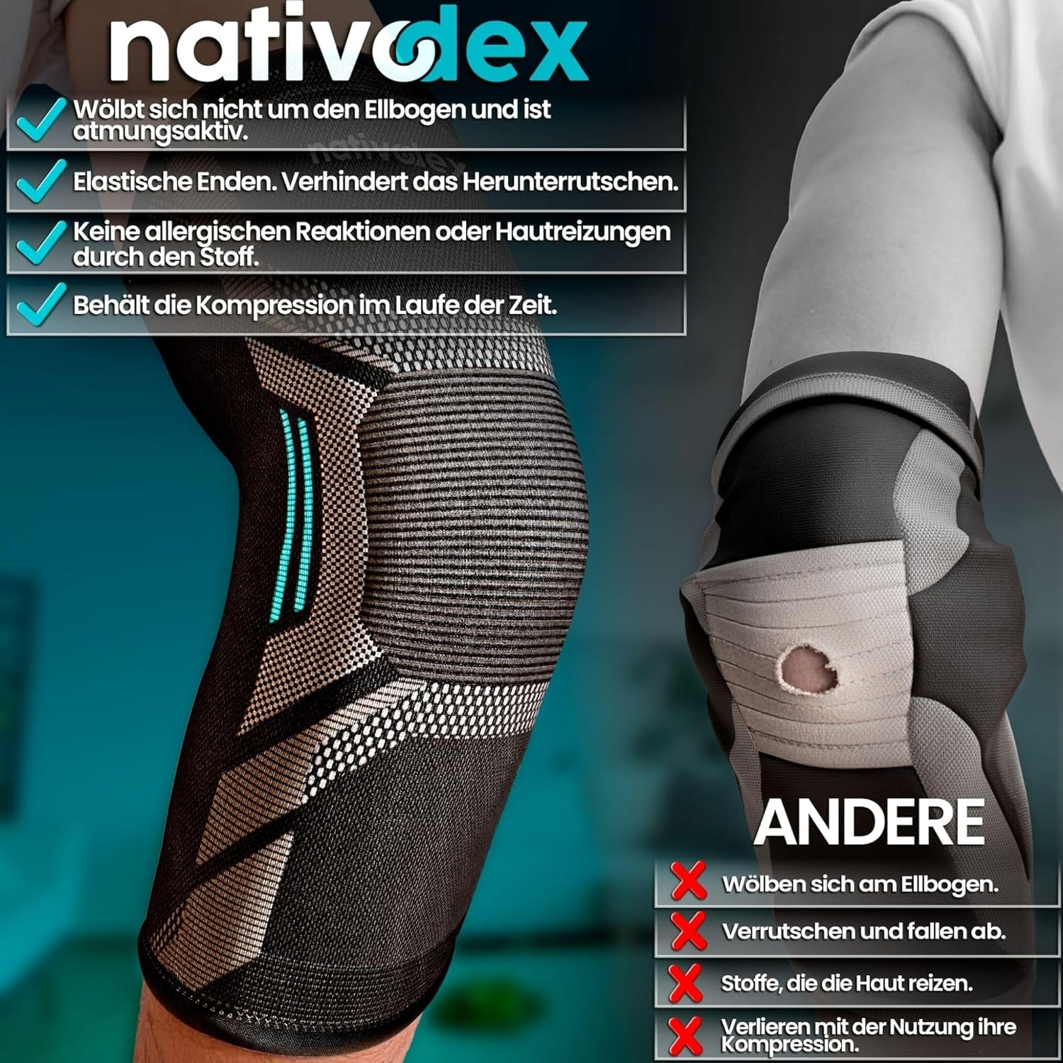 Nativodex Ellenbogenbandage Herren & Damen – Kompressionsbandage Ellenbogen Für Tennisarm, Golferarm & Sport, Atmungsaktive Armbandage Für Rechten Und Linken Arm, Ellbogen Bandage Für Fitness & Alltag