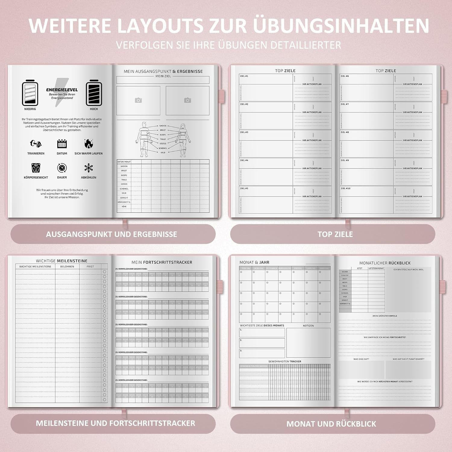 BIROYAL Trainingstagebuch Deutsch Für Frauen Mit 186 Workout Für Dein Krafttraining - Rosa Undatierte Trainingsbuch - A5 Fitness Journal for Women - Abnehmtagebuch - Workout Planer Für Gewichtsverlust