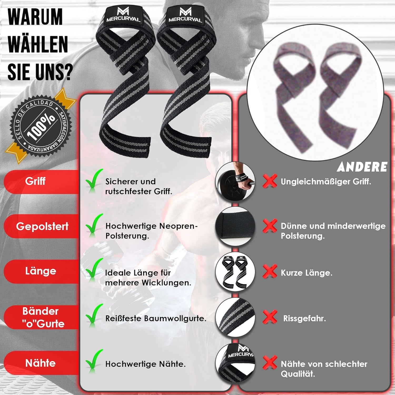 MERCURYAL Zughilfen Krafttraining Lifting Straps - Bodybuilding, Fitness, Kreuzheben, Powerlifting - Kreuzheben Gurte - Profi Lifting Straps - Lifting Straps - Gym Zubehör Für Frauen Und Männer