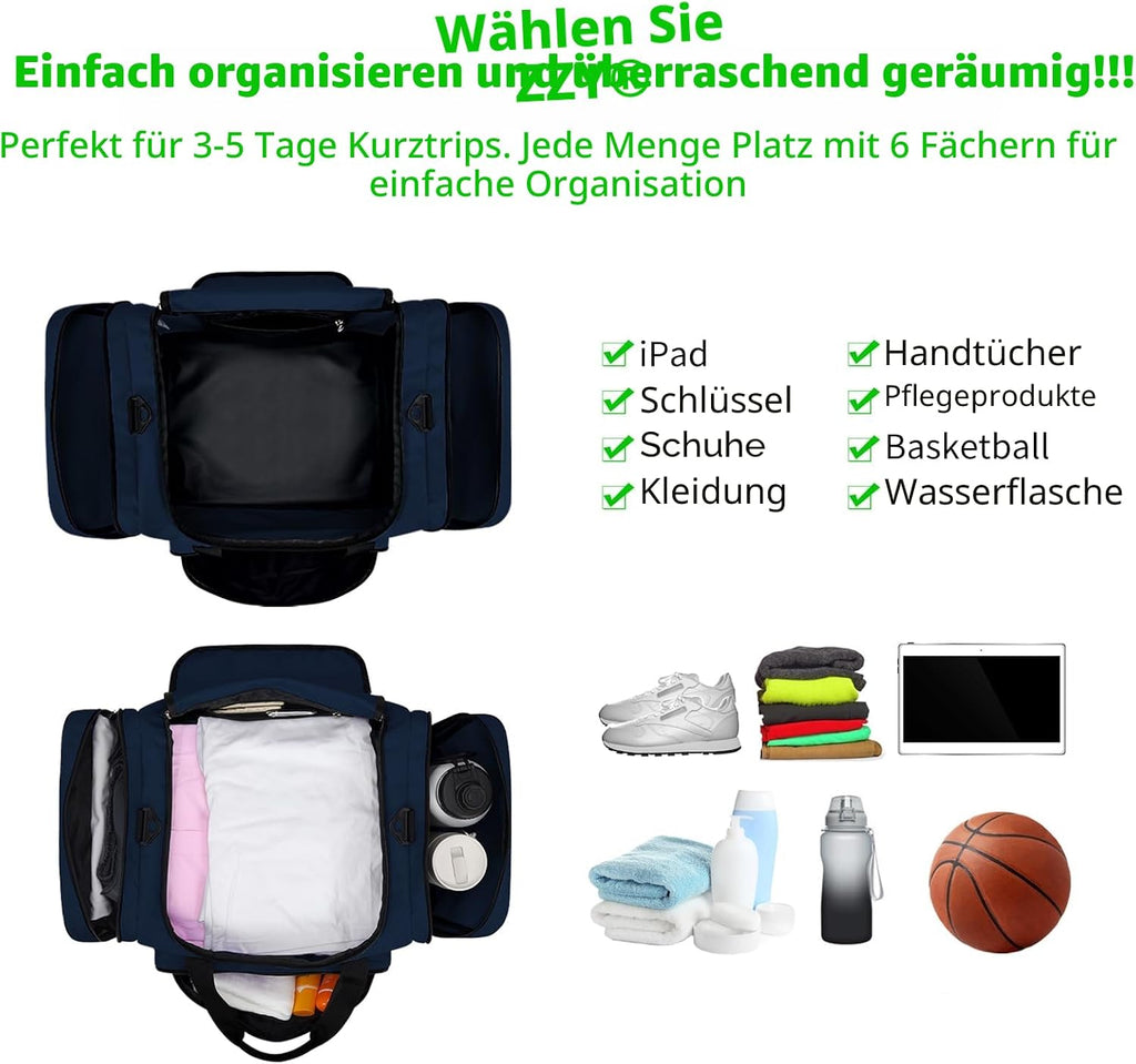 ZZY Sporttasche, 40L Reisetasche Fitness Tasche Mit Schultergurt Wochenendtasche Für Damen Und Herren(Marine Blau)