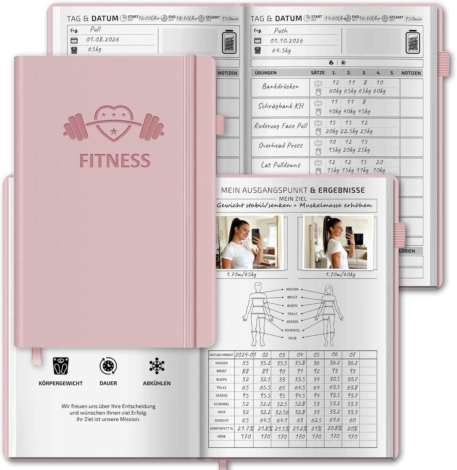 BIROYAL Trainingstagebuch Deutsch Für Frauen Mit 186 Workout Für Dein Krafttraining - Rosa Undatierte Trainingsbuch - A5 Fitness Journal for Women - Abnehmtagebuch - Workout Planer Für Gewichtsverlust