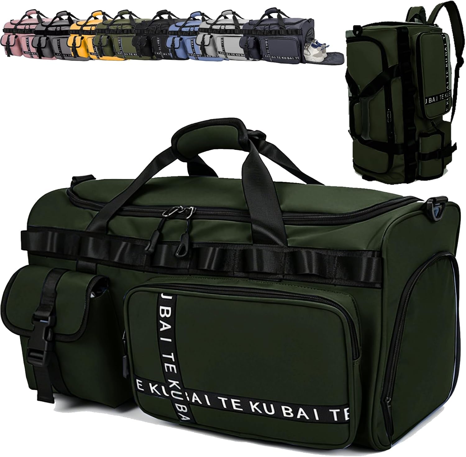Reisetasche Damen Herren, 65L Wasserabweisende Sporttasche, Reise Tasche Mit Schuhfach Und Nassfach, Gym Bag, Handtasche, Umhängetasche, Schultertasche Für Reisen, Fitness, Sport, Grün