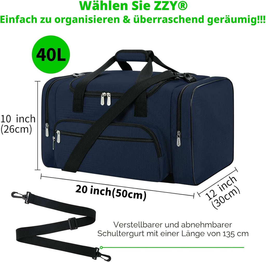 ZZY Sporttasche, 40L Reisetasche Fitness Tasche Mit Schultergurt Wochenendtasche Für Damen Und Herren(Marine Blau)