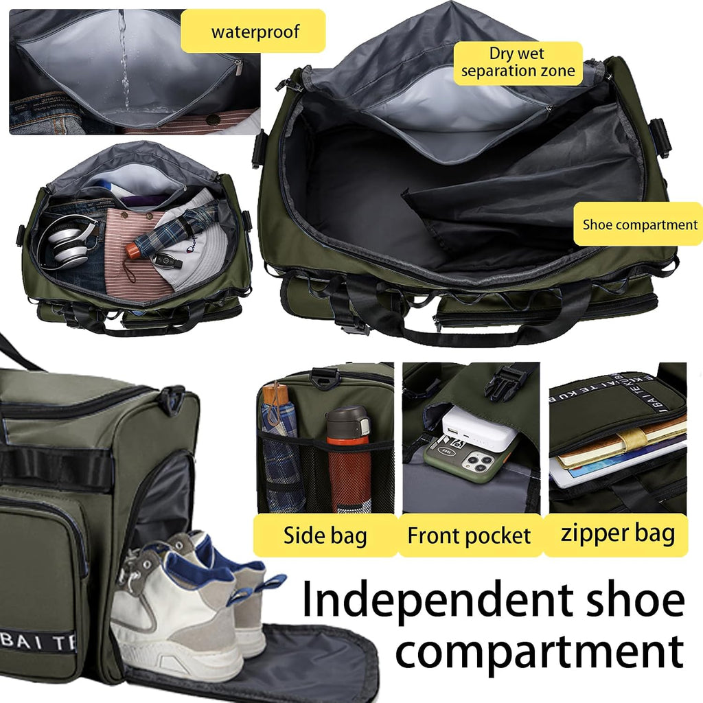 Reisetasche Damen Herren, 65L Wasserabweisende Sporttasche, Reise Tasche Mit Schuhfach Und Nassfach, Gym Bag, Handtasche, Umhängetasche, Schultertasche Für Reisen, Fitness, Sport, Grün
