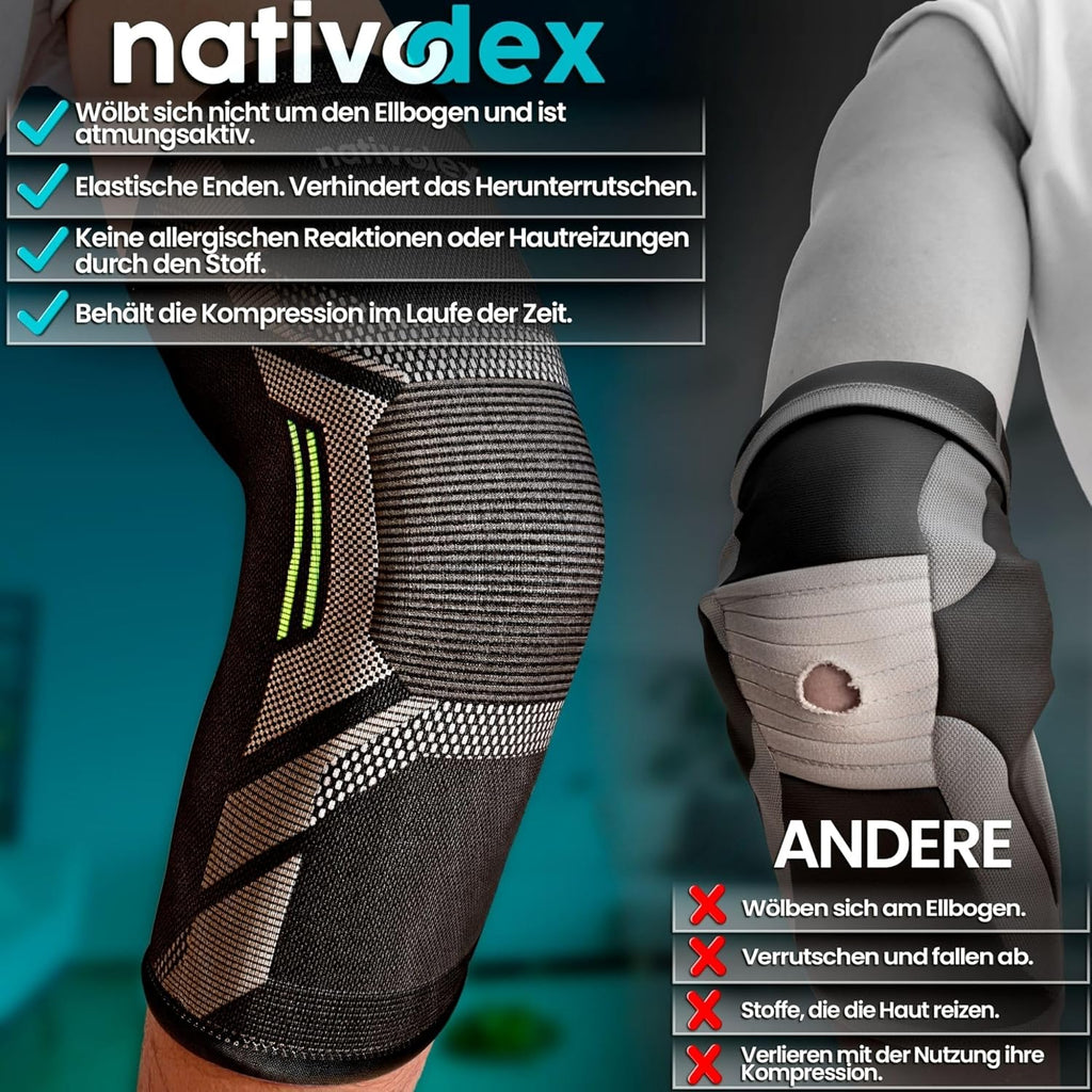 Nativodex Ellenbogenbandage Herren & Damen – Kompressionsbandage Ellenbogen Für Tennisarm, Golferarm & Sport, Atmungsaktive Armbandage Für Rechten Und Linken Arm, Ellbogen Bandage Für Fitness & Alltag