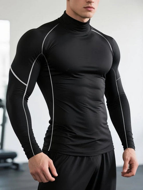 Donkergrijs Fitness Shirt Heren – Compressie Sport Shirt Met Hoge Hals – Lange Mouwen Sport Top – Elastisch Training Shirt Voor Fitness Hardlopen Boksen – Aansluitend Sport Shirt Als Basislaag – Maat M