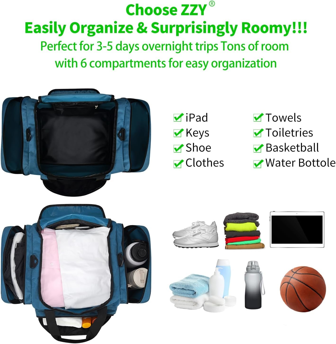 ZZY Sporttasche, 40L Reisetasche Fitness Tasche Mit Schultergurt Wochenendtasche Für Damen Und Herren(Blau)